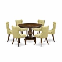 East West Furniture 7-Piece Pedestal Dinette Set - Round Dining Room Table and 6 Limelight Color Parson Wood Dining Chairs with Button Tufted Back - Distressed Jacobean Finish