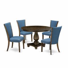 East West Furniture 5-Piece Modern Dining Set - Pedestal Dinning Table and 4 Blue Color Parson Dining Room Chairs with High Back - Distressed Jacobean Finish
