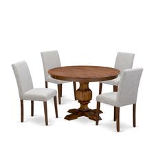 East West Furniture 5-Pc Kitchen Dining Table Set - Modern Kitchen Pedestal Table and 4 Doeskin Color Parson Chairs with High Back - Antique Walnut Finish