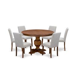 East West Furniture 7-Pc Kitchen Table Set - Pedestal Dining Table and 6 Doeskin Color Parson Padded Chairs with High Back - Antique Walnut Finish