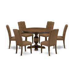 East West Furniture 7 Piece Mid Century Modern Dining Set Includes a Dining Table and 6 Brown Linen Fabric Dining Chairs with Button Tufted Back - Distressed Jacobean Finish