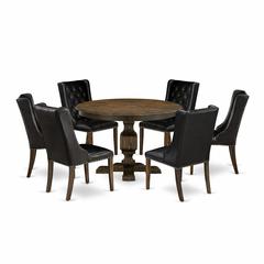 East West Furniture 7 Piece Kitchen Dining Table Set Consists of a Dinner Table and 6 Black PU Leather Dining Room Chairs with Button Tufted Back - Distressed Jacobean Finish