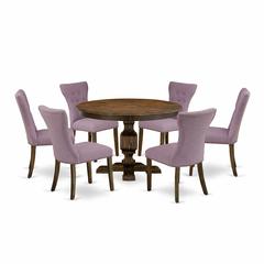 East West Furniture 7 Piece Modern Dining Set Includes a Dining Table and 6 Dahlia Linen Fabric Dining Chairs with Button Tufted Back - Distressed Jacobean Finish