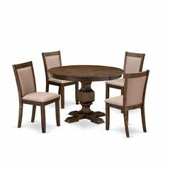 East West Furniture 5 Piece Modern Dining Table Set Consists of a Dining Room Table and 4 Dark Khaki Linen Fabric Upholstered Dining Chairs with High Back - Distressed Jacobean Finish