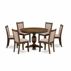 East West Furniture 7 Piece Kitchen Table Set Contains a Dinner Table and 6 Dark Khaki Linen Fabric Mid Century Modern Chairs with High Back - Distressed Jacobean Finish