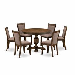 East West Furniture 7-Pc Dining Set - Kitchen Pedestal Table and 6 Coffee Color Parson Chairs with High Back - Distressed Jacobean Finish