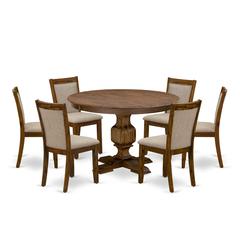 East West Furniture 7-Pc Dining Table Set - Modern Pedestal Dining Table and 6 Light Tan Color Parson Dining Chairs with High Back - Antique Walnut Finish