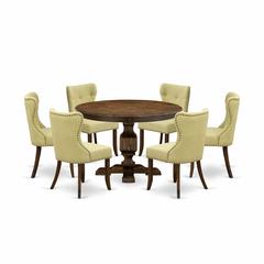 East West Furniture 7-Pc Dining Room Table Set - Modern Pedestal Dining Table and 6 Limelight Color Parson Wood Chairs with Button Tufted Back - Distressed Jacobean Finish