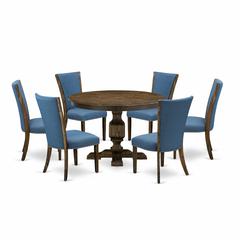 East West Furniture 7-Pc Dinette Set - Mid Century Modern Pedestal Dining Table and 6 Blue Color Parson Chairs with High Back - Distressed Jacobean Finish