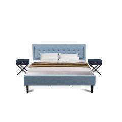 East West Furniture 3-Piece Platform Bedroom Set with 1 Modern Bed and 2 Night Stands for Bedrooms - Reliable and Durable Construction - Denim Blue Linen Fabric
