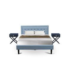 East West Furniture 3-Piece Fannin Wooden Set for Bedroom with 1 Platform Bed Frame and 2 Modern Nightstands - Reliable and Sturdy Construction - Denim Blue Linen Fabric