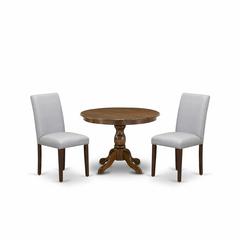 East West Furniture HBAB3-AWA-05 3 Piece Dining Room Table Set - Acacia Walnut Round Dining Table and 2 Grey Linen Fabric Upholstered Dining Chairs with Slatted Back - Acacia Walnut Finish