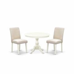 East West Furniture HBAB3-LWH-02 3 Piece Dining Table Set - Linen White Round Dining Table and 2 Light Beige Linen Fabric Comfortable Chairs with High Back - Linen White Finish