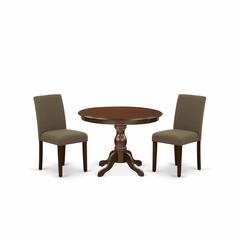 East West Furniture HBAB3-MAH-18 3 Piece Dining Table Set - Mahogany Dining Table and 2 Coffee Linen Fabric Mid Century Modern Chairs with High Back - Mahogany Finish