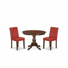 East West Furniture HBAB3-MAH-72 3 Piece Table and Chairs Dining Set - Mahogany Dinner Table and 2 Firebrick Red PU Leather Mid Century Modern Chairs with High Back - Mahogany Finish
