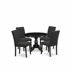 East West Furniture HBAB5-ABK-24 5 Piece Kitchen Table Set - Black Wood Dining Table and 4 Black Linen Fabric Mid Century Modern Chairs with High Back - Wire Brushed Black Finish