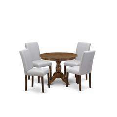 HBAB5-AWA-05 5 Pc Kitchen Table Set - Round Dining Table with 4 Grey Upholstered Chairs - Acacia Walnut Finish