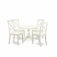 East West Furniture HBBO5-LWH-C 5 Piece Kitchen Table Set - Linen White Wooden Table with 4 Linen White Faux Leather Mid Century Modern Chairs with X-Back - Linen White Finish