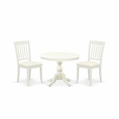 East West Furniture HBDA3-LWH-C 3 Piece Kitchen Set - Linen White Wood Table and 2 Linen White Chairs for Dining Room with Slatted Back - Linen White Finish