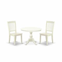 East West Furniture HBDA3-LWH-W 3 Piece Modern Dining Table Set - Linen White Breakfast Table and 2 Linen White Dining Chairs with Slatted Back - Linen White Finish