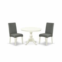 East West Furniture HBDR3-LWH-07 3 Piece Dining Table Set - Linen White Small Kitchen Table and 2 Grey Linen Fabric Chairs for Dining Room with High Back - Linen White Finish
