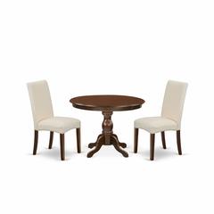 East West Furniture HBDR3-MAH-01 3 Piece Dining Room Table Set - Mahogany Round Dining Table and 2 Cream Linen Fabric Modern Dining Chairs with High Back - Mahogany Finish