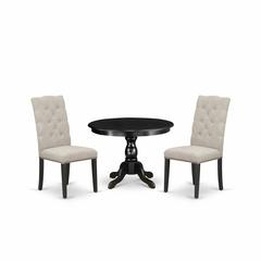 East West Furniture HBEL3-ABK-35 3 Piece Kitchen Table Set - Black Dinner Table and 2 Doeskin Linen Fabric Dining Chairs Button Tufted Back with Nail Heads - Wire Brushed Black Finish