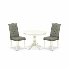 East West Furniture HBEL3-LWH-07 3 Piece Dining Room Set - Linen White Wood Dining Table and 2 Smoke Linen Fabric Mid Century Modern Chairs Button Tufted Back with Nail Heads - Linen White Finish