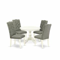 East West Furniture HBEL5-LWH-07 5 Piece Dinette Set - Linen White Dining Table and 4 Smoke Linen Fabric Dining Chairs Button Tufted Back with Nail Heads - Linen White Finish