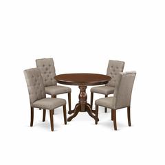 East West Furniture HBEL5-MAH-16 5 Piece Dining Table Set - Mahogany Breakfast Table and 4 Dark Khaki Linen Fabric Mid Century Modern Chairs Button Tufted back with Nail Heads - Mahogany Finish