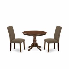 East West Furniture HBEN3-MAH-18 3 Piece Dining Table Set - Mahogany Dining Table and 2 Dark Coffee Linen Fabric Upholstered Dining Chairs Button Tufted Back with Nail Heads - Mahogany Finish