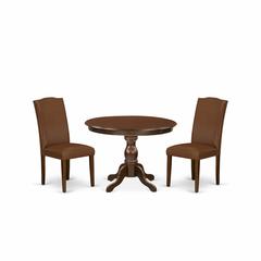 East West Furniture HBEN3-MAH-66 3 Piece Dining Table Set - Mahogany Wood Table and 2 Brown Faux Leather Chairs for Dining Room with High Back - Mahogany Finish