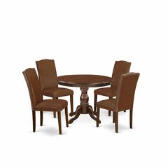 East West Furniture HBEN5-MAH-66 5 Piece Dining Table Set - Mahogany Round Dining Table and 4 Brown Faux Leather Parson Dining Chairs with High Back - Mahogany Finish