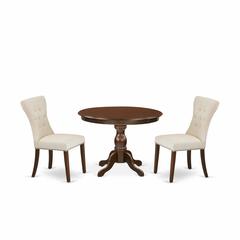 East West Furniture HBGA3-MAH-32 3 Piece Kitchen Table Set - Mahogany Round Dining Table and 2 Light Beige Linen Fabric Dining Chairs Button Tufted Back with Nail Heads - Mahogany Finish