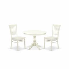 East West Furniture HBGR3-LWH-W 3 Piece Table Set - Linen White Round Dining Table and 2 Linen White Kitchen Chairs with Slatted Back - Linen White Finish