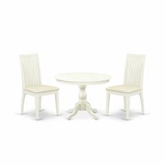 East West Furniture HBIP3-LWH-C 3 Piece Kitchen Dining Table Set - Linen White Round Dining Table with 2 Linen White Dining Room Chairs with Slatted Back - Linen White Finish
