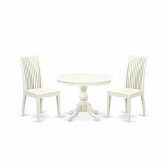 East West Furniture HBIP3-LWH-W 3 Piece Kitchen Table Set - Linen White Wood Dining Table and 2 Linen White Wooden Dining Chairs with Slatted Back - Linen White Finish