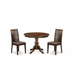 East West Furniture HBIP3-MAH-C 3 Piece Table and Chairs Dining Set - Mahogany Wood Dining Table and 2 Mahogany Linen Fabric Chairs for Dining Room with Slatted Back- Mahogany Finish