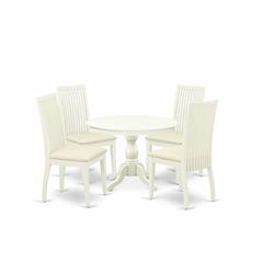East West Furniture HBIP5-LWH-C 5 Piece Dining Room Table Set - Linen White Small Dining Table and 4 Linen White Chairs for Dining Room with Slatted Back - Linen White Finish