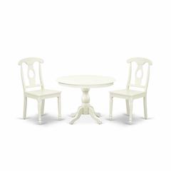 East West Furniture HBKE3-LWH-W 3 Piece Kitchen Dining Table Set - Linen White Kitchen Table and 2 Linen White Wood Chairs with Napoleon Back- Linen White Finish