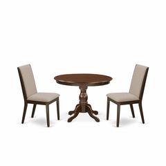East West Furniture HBLA3-MAH-04 3 Piece Dining Room Table Set - Mahogany Breakfast Table and 2 Light Tan Linen Fabric Kitchen & Dining Room Chairs with High Back - Mahogany Finish