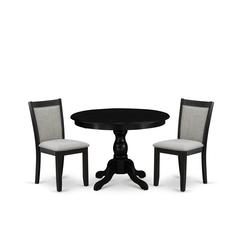 East West Furniture 3-Pc Dining Table Set Contains a Dining Room Table and 2 Shitake Linen Fabric Dining Room Chairs - Wire Brushed Black Finish