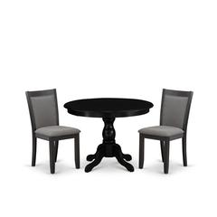 East West Furniture 3-Piece Dining Table Set Contains a Dinner Table with Drop Leaves and 2 Dark Gotham Grey Linen Fabric Parsons Chairs - Wire Brushed Black Finish