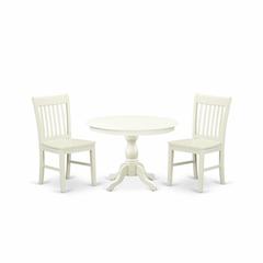 East West Furniture HBNF3-LWH-W 3 Piece Dining Room Table Set - Linen White Dining Room Table and 2 Linen White Dining Room Chairs with Slatted Back - Linen White Finish