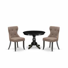 East West Furniture HBSI3-ABK-48 3 Piece Dining Table Set - Black Wood Dining Table and 2 Coffee Linen Fabric Kitchen Chairs Button Tufted Back with Nail Heads - Wire Brushed Black Finish