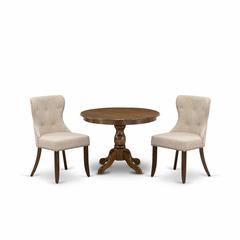 East West Furniture HBSI3-AWA-04 3 Piece Dining Table Set - Acacia Walnut Dining Table and 2 Light Tan Linen Fabric Dining Chairs Button Tufted Back with Nail Heads - Acacia Walnut Finish