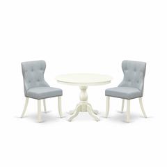 East West Furniture HBSI3-LWH-15 3 Piece Table Set - Linen White Small Kitchen Table and 2 Baby Blue Linen Fabric Dining Chairs Button Tufted Back with Nail Heads - Linen White Finish