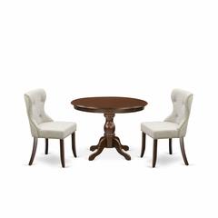 East West Furniture HBSI3-MAH-35 3 Piece Table Set - Mahogany Wood Table and 2 Doeskin Linen Fabric Kitchen Chairs Button Tufted Back with Nail Heads - Mahogany Finish