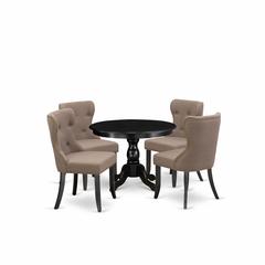 East West Furniture HBSI5-ABK-48 5 Piece Kitchen Dining Table Set - Black Wood Table and 4 Coffee Linen Fabric Dining Chairs Button Tufted Back with Nail Heads - Wire Brushed Black Finish