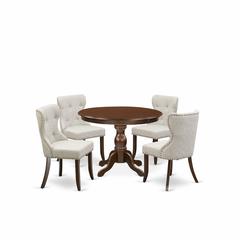 East West Furniture HBSI5-MAH-35 5 Piece Dining Room Set - Mahogany Kitchen Table and 4 Doeskin Linen Fabric Parson Dining Chairs Button Tufted Back with Nail Heads - Mahogany Finish